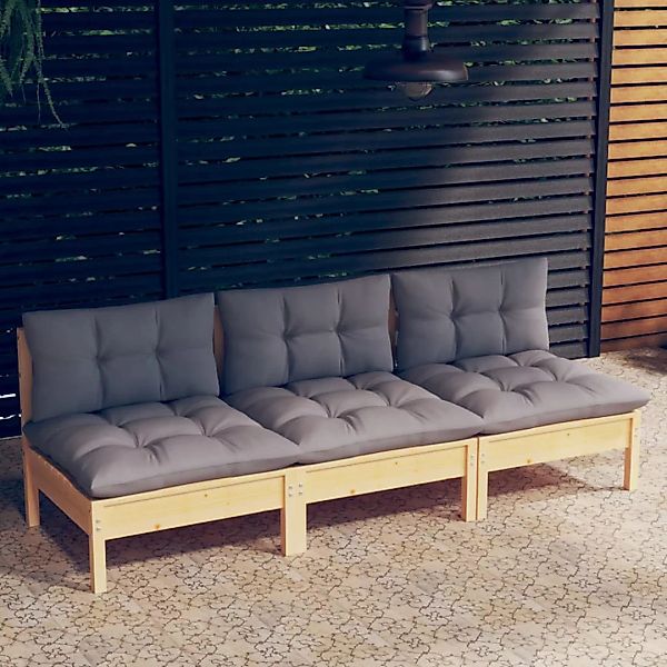 vidaXL Loungesofa 3-Sitzer-Gartensofa mit Grauen Kissen Massivholz Kiefer, günstig online kaufen