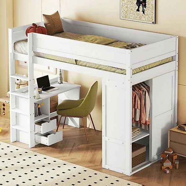 OKWISH Hochbett ausgestattet mit Kleiderschrank, Schreibtisch und Schublade günstig online kaufen