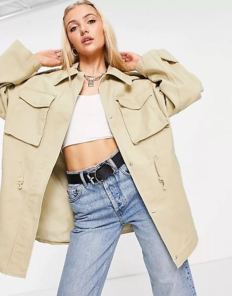 ASOS DESIGN – Oversize-Jacke mit Taschendetail in Stein-Weiß günstig online kaufen