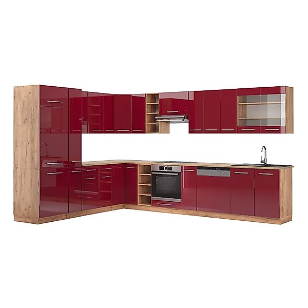 Vicco Fame-Line Eckküche Bordeaux Hochglanz/Goldkraft Eiche 347 x 257 cm oh günstig online kaufen