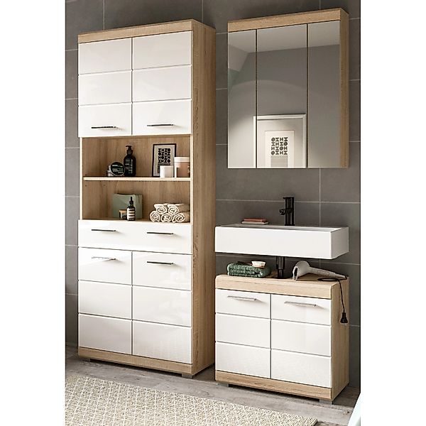 Inn.Furn Badmöbel Set in Weiß Hochglanz und Eiche 3-teilig 149 cm Mambo günstig online kaufen