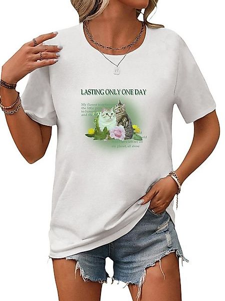 PYL Kurzarmshirt Damen Casual Kurzarmshirt mit Süße Katze Druck Bequem für günstig online kaufen