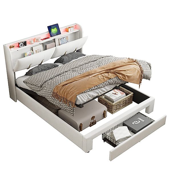 FUROKOY Polsterbett LED Hydraulisches Doppelbett Samt, günstig online kaufen