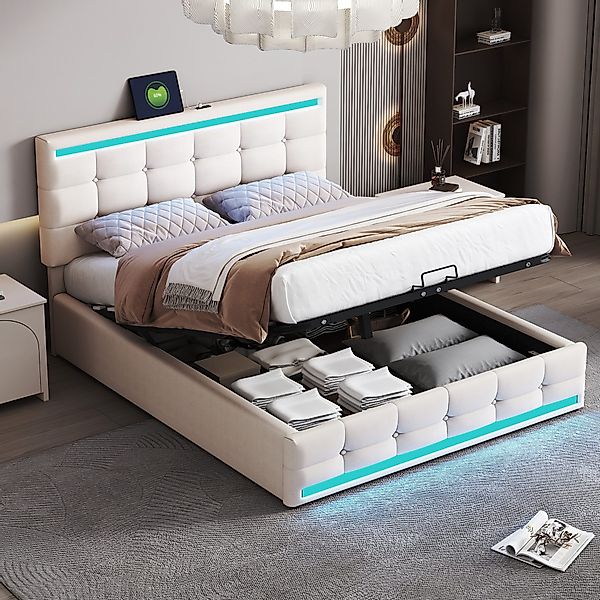 Flieks Polsterbett, LED Doppelbett Stauraumbett 2 günstig online kaufen