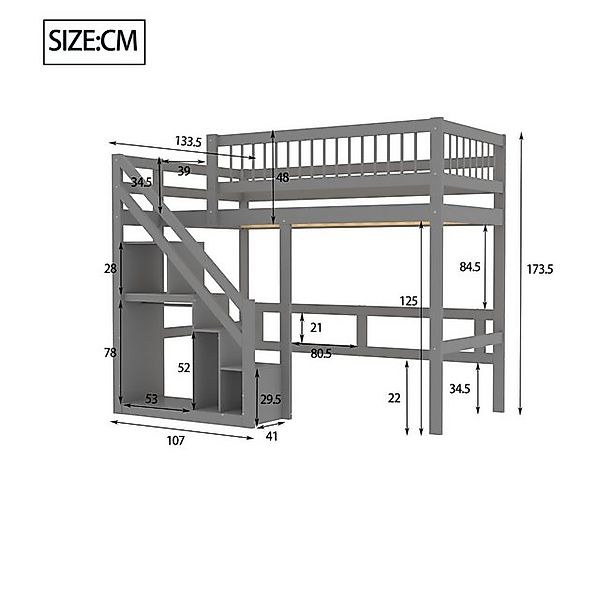Flieks Hochbett Massivholz Einzelbett Kinderbett 90x200cm mit Stauraumtrepp günstig online kaufen