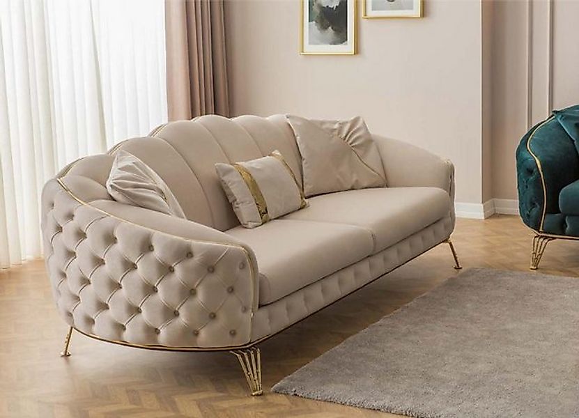 Xlmoebel Chesterfield-Sofa Neues Textil-Metall Dreisitzer-Sofa in Beige im günstig online kaufen