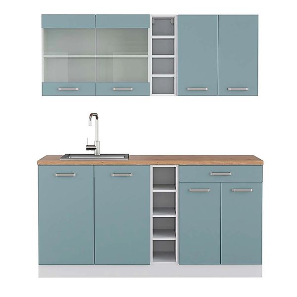 Vicco R-Line Singleküche Blau-Grau/Weiß 160 cm AP Eiche ohne E-Geräte günstig online kaufen