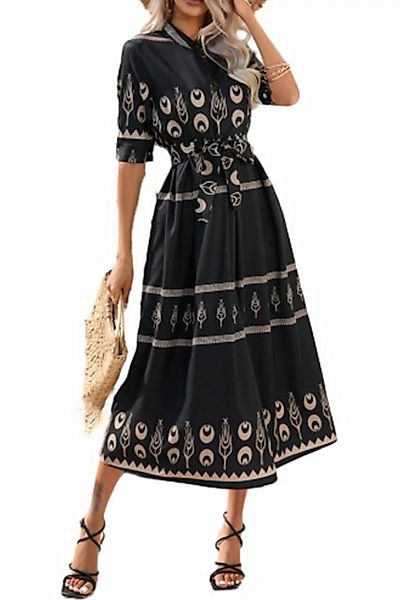 ENIX Dirndl Damen-Boho-Kleid lang zum Binden Knopf elegantes Kleid 3/4-Ärme günstig online kaufen