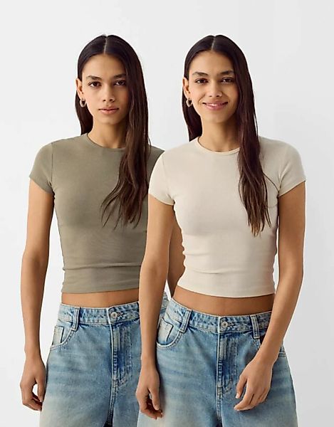 Bershka 2er-Pack T-Shirts Mit Kurzen Ärmeln Und Rundausschnitt Damen Xs Kom günstig online kaufen