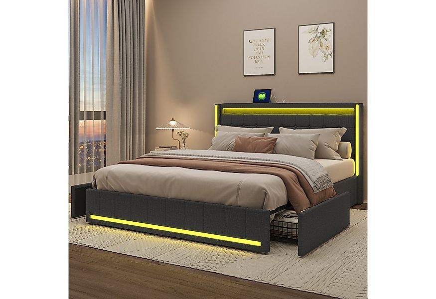 PXloue Polsterbett LED-Bett mit Stauraum und Ladeanschluss (Geeignet für Ju günstig online kaufen