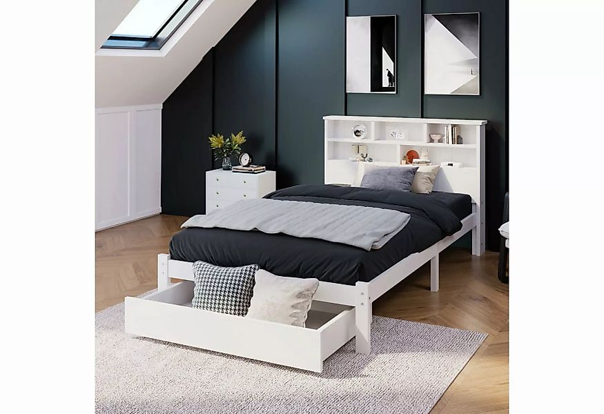 Ulife Massivholzbett Weiß Doppelbett /Einzelbett mit Schubladen und Bücherr günstig online kaufen