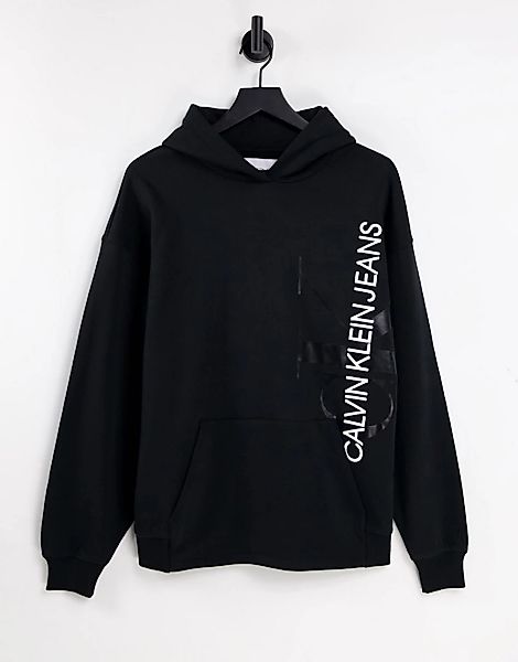 Calvin Klein Jeans – Kapuzenpullover in Schwarz mit senkrechtem Monogramm-L günstig online kaufen