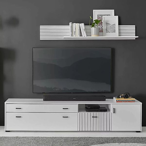 Wohnzimmer Set 200cm TV Lowboard und Wandboard weiß matt schwarz gerillt HU günstig online kaufen