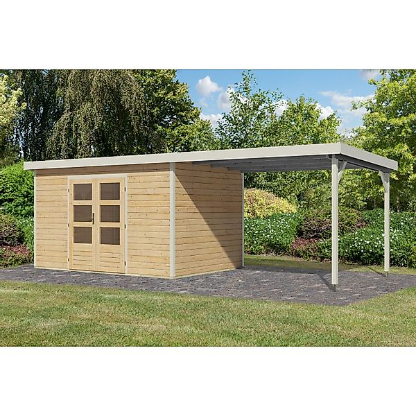 Karibu Gartenhaus Domingo 7 A m. Anbaudach Naturbelassen/Weiß 219 x 360 x 2 günstig online kaufen