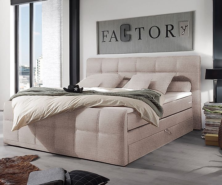 Boxspringbett Amarillo 180x200 Beige Strukturstoff Topper günstig online kaufen