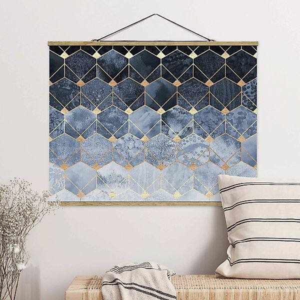Stoffbild Abstrakt mit Posterleisten - Querformat Blaue Geometrie goldenes günstig online kaufen