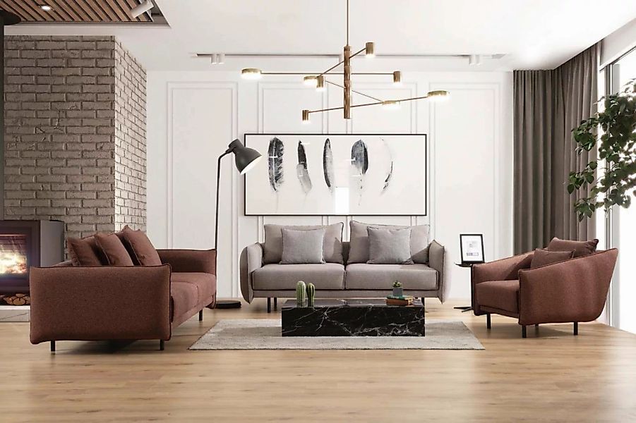 JVmoebel Sofa Sessel 3+3+1 Sitzer Luxus Sofa braun Sofagarnitur Sofas Stoff günstig online kaufen
