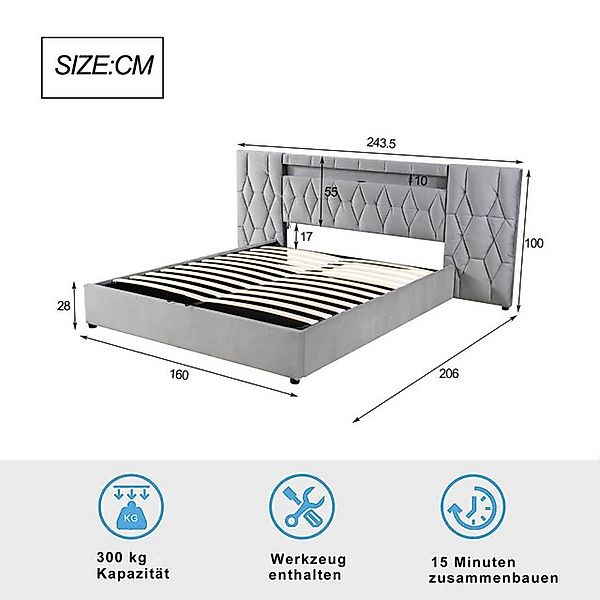 FOSMET Polsterbett Polsterbett 160x200 mit LED, USB, Stauraum, Samt, Kopfte günstig online kaufen