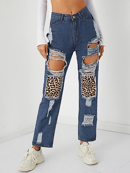 Zufällige zerrissene Details Leopard Patch Jeans günstig online kaufen