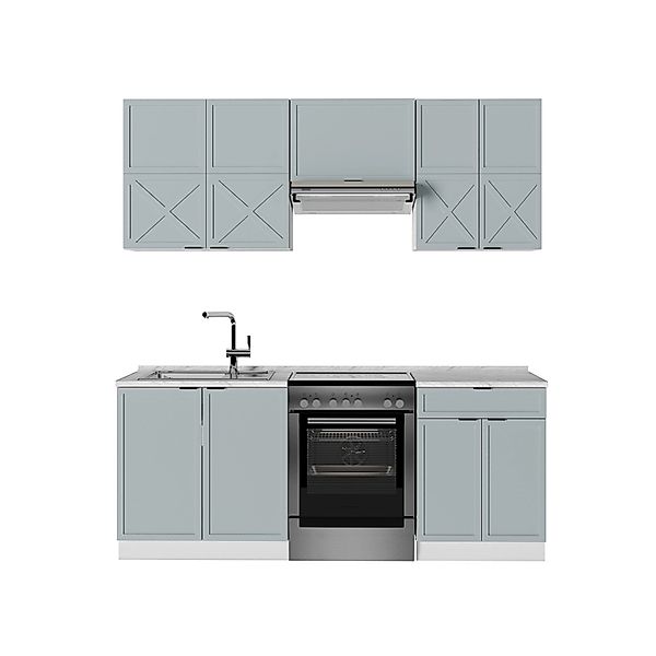 Vicco Fame-Line Küchenschränke Hellblau-grau/Weiß 200 cm AP Marmor günstig online kaufen