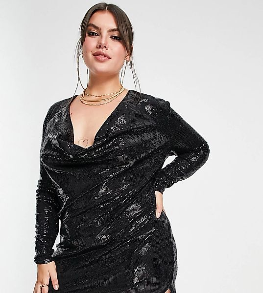 Flounce London Plus – Pailletten-Minikleid in Schwarz mit Wasserfallausschn günstig online kaufen
