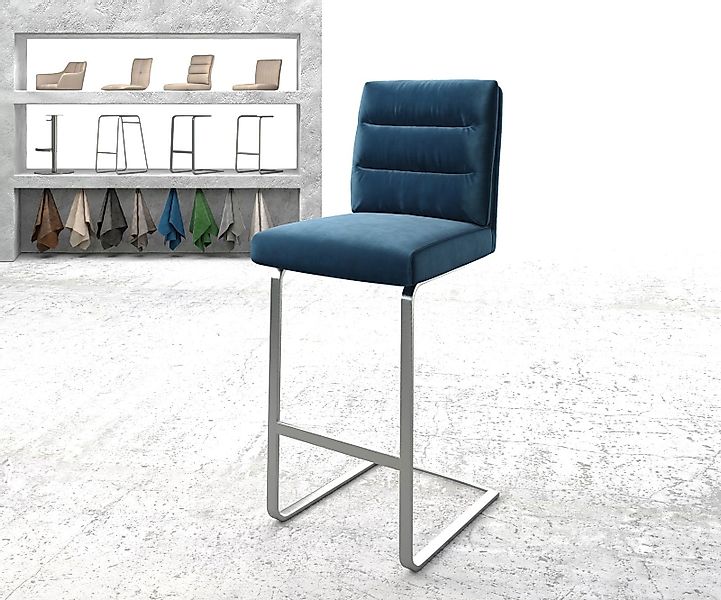 Barstuhl Pela-Flex Samt Blau Freischwinger flach Edelstahl günstig online kaufen
