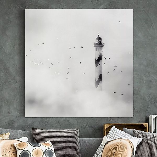 Leinwandbild Leuchtturm - Quadrat Leuchtturm im Nebel günstig online kaufen
