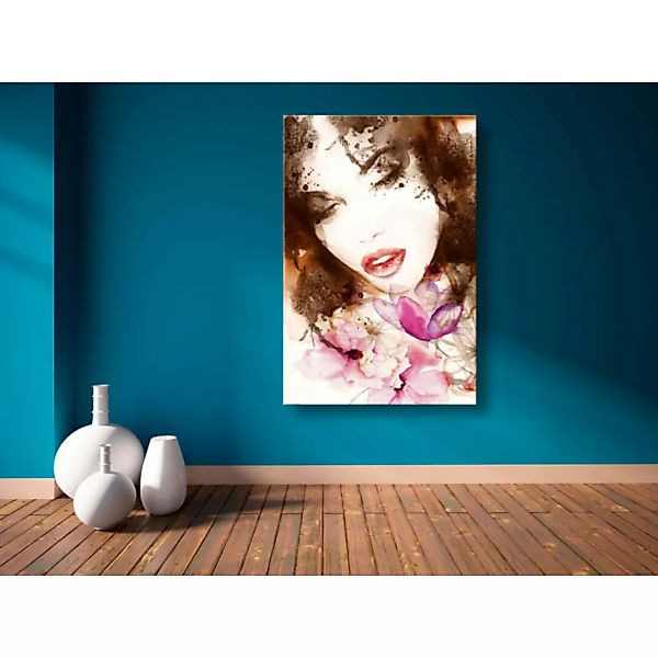 Wandbild In Blumen gekleidet - sinnliches Porträt einer Frau mit rosa Pflan günstig online kaufen
