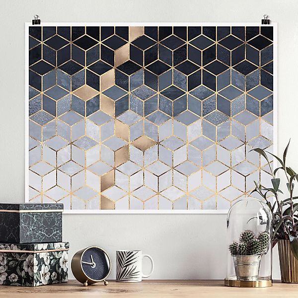 Poster - Querformat Blau Weiß goldene Geometrie günstig online kaufen