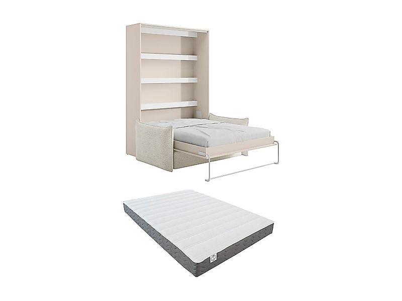 Schrankbett 140 x 200 cm - Manuelle vertikale Öffnung - Mit LEDs - Beige + günstig online kaufen
