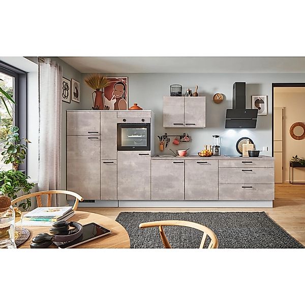 pino Küchenzeile 340cm Beton Perlgrau Anschlag L 1 Geräte-, 1 Apothekerschr günstig online kaufen