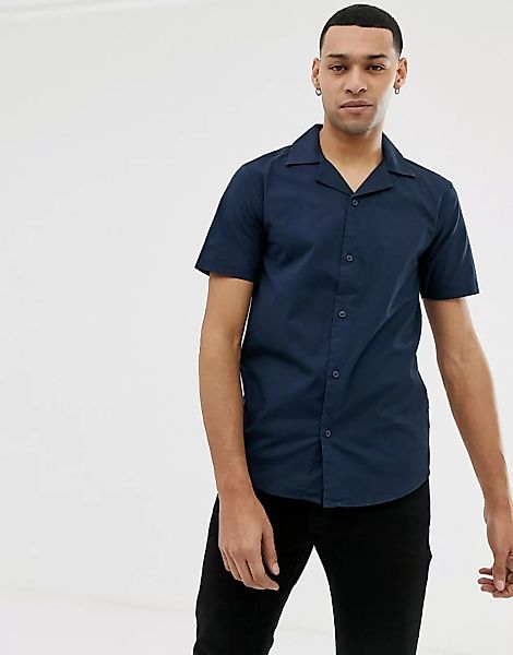 Solid – Schmal geschnittenes Hemd mit Reverskragen in Marine-Blau günstig online kaufen