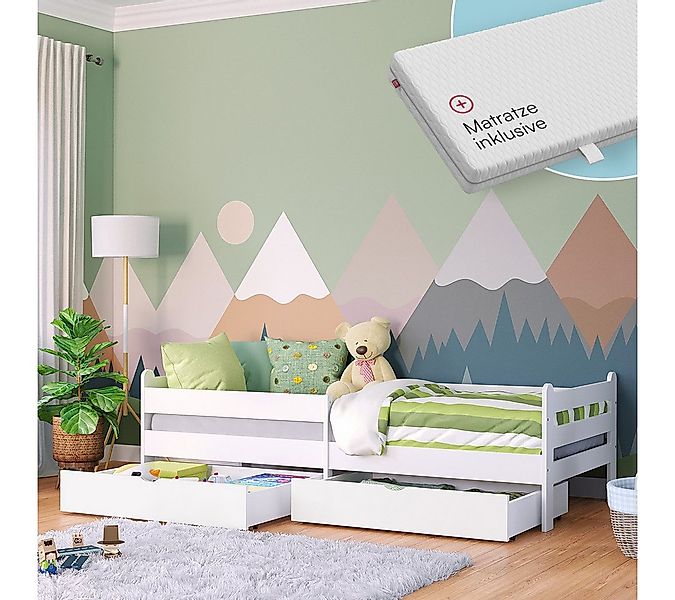 Bellabino Kinderbett Kuru 90x200 cm (weiß, integriertes Lattenrost und Raus günstig online kaufen
