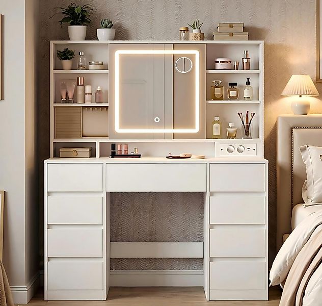 VASAGLE Schminktisch mit Spiegel und LED-Leuchten, Steckdosenleiste, 9 Schu günstig online kaufen
