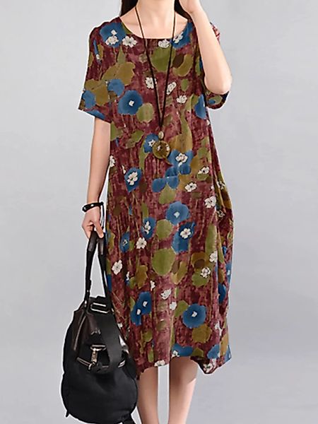 Blumendruck O-Ausschnitt Plus Größe Lässig Kleid günstig online kaufen