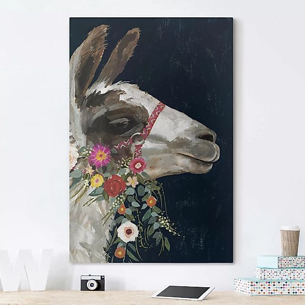 Leinwandbild - Hochformat Lama mit Blumenschmuck I günstig online kaufen