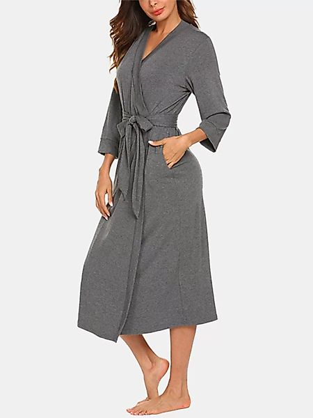 Damen Einfarbige, schlichte Robe mit 3/4 Ärmeln und V-Ausschnitt und Gürtel günstig online kaufen