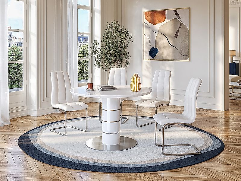 Ausziehbarer Tisch - 4 bis 6 Sitzplätze - Holz & Edelstahl - Weiß lackiert günstig online kaufen