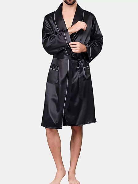 Herren Faux Silk Black Pyjamas Robe Glatte, atmungsaktive Kordelzug Lounge günstig online kaufen
