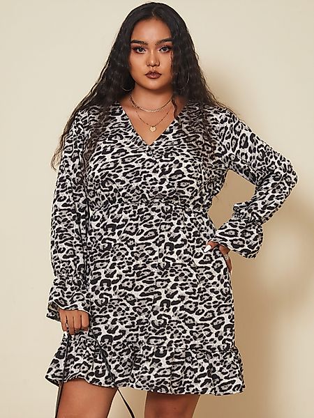 Plus Size V-Ausschnitt Animal Wrap Design Lange Ärmel Mini Kleid günstig online kaufen