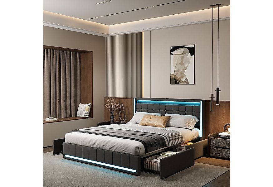 PXloue Polsterbett Design Bett Stauraumbett Doppelbett Leinen mit LED Licht günstig online kaufen