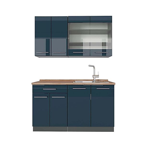 Vicco Fame-Line Singleküche Dunkelblau Hochglanz/Anthrazit 140 cm AP Eiche günstig online kaufen