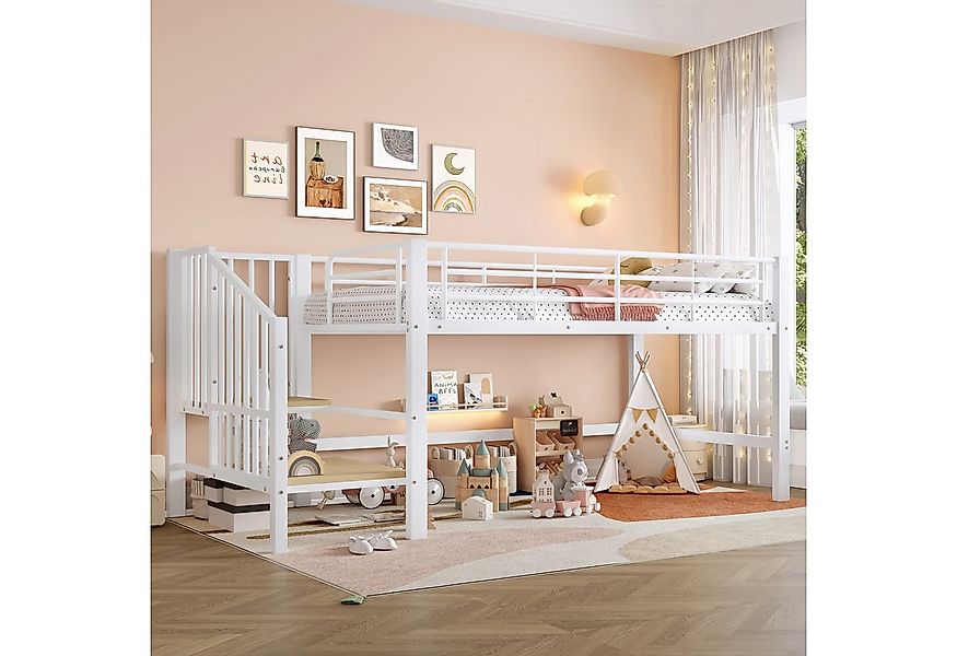 Flieks Hochbett Metallbett Kinderbett 90x200cm mit Treppe und Rausfallschut günstig online kaufen