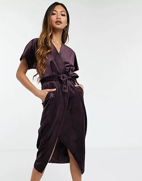 Closet London – Mittellanges Wickelkleid aus Samt mit Bindeband und Kimonoä günstig online kaufen