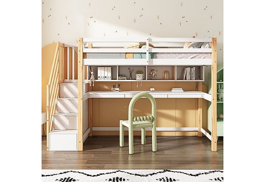 Odikalo Kinderbett Hochbett Stauraum Treppe Kiefernholz Schreibtisch Regale günstig online kaufen