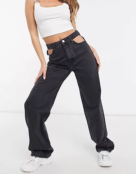 Pull&Bear – Jeans in Schwarz mit Zierausschnitt im 90er-Stil günstig online kaufen