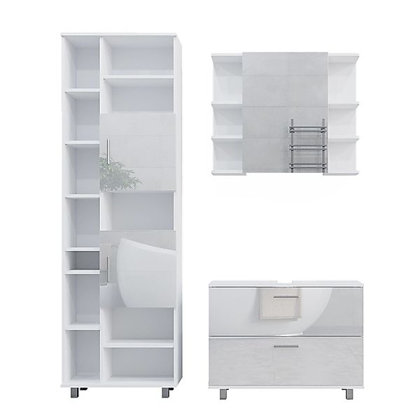 Vicco Badmöbel-Set Ilias Weiß Hochglanz 3 Teile mit Hochschrank Opt 2 günstig online kaufen