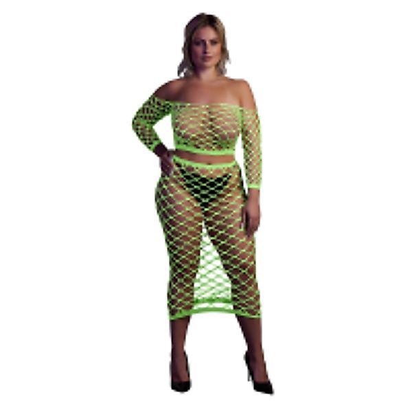 Long Sleeve Crop Top and Long Skirt - Plus Size - Neon Green günstig online kaufen