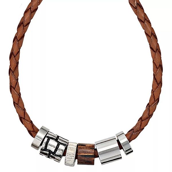 SIGO Collier Halskette Leder braun mit Edelstahl und Holz 45 cm Kette Leder günstig online kaufen