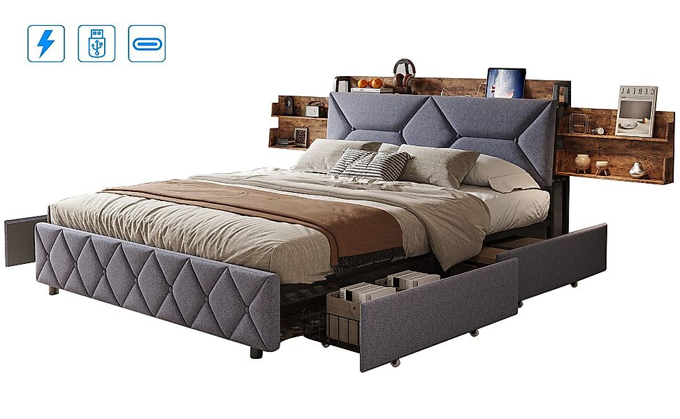 FUROKOY Stauraumbett Doppelbett Polsterbett mit 4 günstig online kaufen